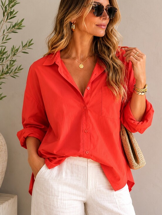 Monrow Tops - NWT Monrow Fire Coral Oversized Poplin Button Down Shirt Medium